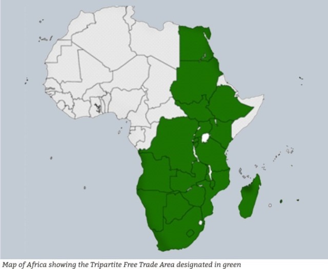 Map of Africa showing the Tripartite Free Trade Area designated in green